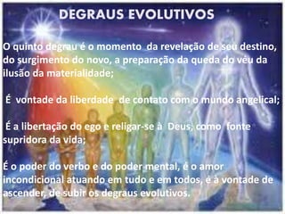 DEGRAUS EVOLUTIVOS
O quinto degrau é o momento da revelação de seu destino,
do surgimento do novo, a preparação da queda do véu da
ilusão da materialidade;
É vontade da liberdade de contato com o mundo angelical;
É a libertação do ego e religar-se à Deus, como fonte
supridora da vida;
É o poder do verbo e do poder mental, é o amor
incondicional atuando em tudo e em todos, é à vontade de
ascender, de subir os degraus evolutivos.
 