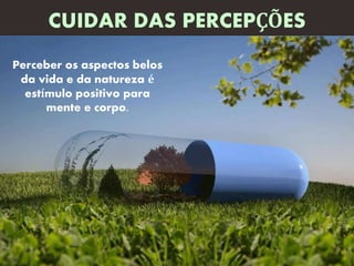 Perceber os aspectos belos
da vida e da natureza é
estímulo positivo para
mente e corpo.
CUIDAR DAS PERCEPÇÕES
 