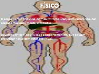 FÍSICO
O corpo físico é o veiculo de manifestação , enquanto encarnado, dos
corpos emocional, mental e espiritual;
Devemos evitar vícios físicos e comportamentais, que possam
prejudicar nosso bem estar espiritual;
 