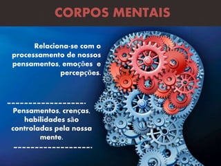 Relaciona-se com o
processamento de nossos
pensamentos, emoções e
percepções.
CORPOS MENTAIS
Pensamentos, crenças,
habilidades são
controladas pela nossa
mente.
 