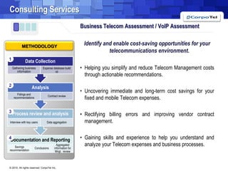 Consulting ServicesBusiness Telecom Assessment / VoIP Assessment Identify and enable cost-saving opportunities for your telecommunications environment.Helping you simplify and reduce Telecom Management costs through actionable recommendations. Uncovering immediate and long-term cost savings for your fixed and mobile Telecom expenses.Rectifying billing errors and improving vendor contract management.Gaining skills and experience to help you understand and analyze your Telecom expenses and business processes.METHODOLOGY1234