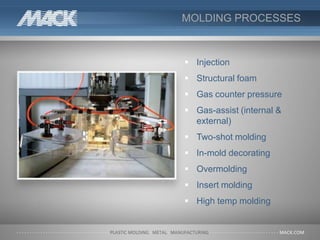 MOLDING PROCESSES
 Injection
 Structural foam
 Gas counter pressure
 Gas-assist (internal &
external)
 Two-shot molding
 In-mold decorating
 Overmolding
 Insert molding
 High temp molding
 
