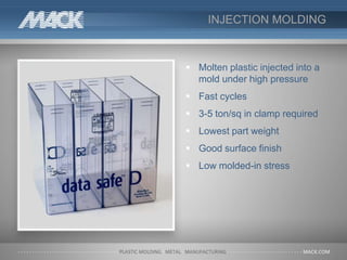 INJECTION MOLDING
 Molten plastic injected into a
mold under high pressure
 Fast cycles
 3-5 ton/sq in clamp required
 Lowest part weight
 Good surface finish
 Low molded-in stress
 