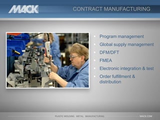 CONTRACT MANUFACTURING
 Program management
 Global supply management
 DFM/DFT
 FMEA
 Electronic integration & test
 Order fulfillment &
distribution
 