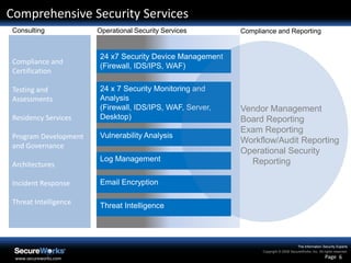  InnovationThe leading Security Services Provider2,700 clients, including 4 of Fortune 10$100+M in expected 2009 run-rate revenuesFour Security Operations CentersGlobal presence via partners and MSPsCounter Threat Unit intelligence100% GIAC GCIA security analystsWorld-class device management and supportPurpose-built IPS, SIEM and device management technologyFull range of MSS and Consulting capabilitiesSecureWorks Overview“Consider SecureWorks if your requirements include compliance-specific elements, and easy deployment options, or if your requirements include proactive and responsive service delivery with strong security expertise and analyst involvement.”  Gartner Magic Quadrant for MSSPs,North America, 2H08