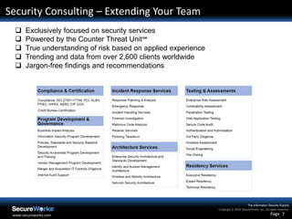 Gartner MSSP Magic QuadrantSecureWorks is the only leader focused exclusively on security and compliance services.Ability to ExecuteThis Magic Quadrant graphic was published by Gartner, Inc. as part of a larger research note and should be evaluated in the context of the entire report.  The Gartner report is available upon request from SecureWorks.Source: Gartner MSSP Magic Quadrant, North America, 2H08 (April 2009)The Magic Quadrant is copyrighted 16 April 2009 by Gartner, Inc. and is reused with permission. The Magic Quadrant is a graphical representation of a marketplace at and for a specific time period. It depicts Gartner’s analysis of how certain vendors measure against criteria for that marketplace, as defined by Gartner. Gartner does not endorse any vendor, product or service depicted in the Magic Quadrant, and does not advise technology users to select only those vendors placed in the “Leaders” quadrant. The Magic Quadrant is intended solely as a research tool, and is not meant to be a specific guide to action. Gartner disclaims all warranties, express or implied, with respect to this research, including any warranties of merchantability or fitness for a particular purpose. Completeness of Vision