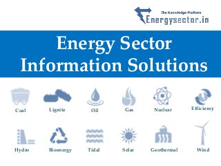 Energy Sector
Information Solutions
Coal Lignite Oil Gas Nuclear Efficiency
Hydro Bioenergy Tidal Solar Geothermal Wind
 