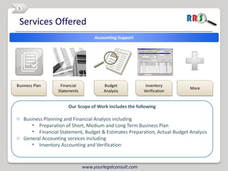 5


 Services Offered
                                    Accounting Support




Business Plan      Financial            Budget             Inventory
                                                                           More
                  Statements            Analysis          Verification


                       Our Scope of Work Includes the following

o Business Planning and Financial Analysis including
      • Preparation of Short, Medium and Long Term Business Plan
      • Financial Statement, Budget & Estimates Preparation, Actual-Budget Analysis
o General Accounting services including
      • Inventory Accounting and Verification



                               www.yourlegalconsult.com
 