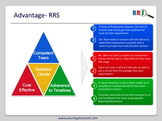 Advantage- RRS
                                                    A Team of Professional Lawyers, CA’s and CS
                                             1      ensures that Clients get most professional
                                                    team for their requirement

                                             2      Our Team works in tandem with the Clients to
                                                    understand requirement and work with a
                                                    vision to provide them with the best solution

         Competent                                  We offer our Client an option to choose from
           Team                              3      various pricing option1 depending on their need
                                                    and usage

                                                    Client can claim a refund if they are not able to
             Satisfied                       4      use a service from the package they have
              Clients                               subscribed to


                                                    A robust Processes in place which enable us to
   Cost              Adherence                5     complete to maintain desired Service Level
 Effective          to Timelines                    committed to Clients

                                                    Complete ownership of any work assigned to us
                                              6     and compliment the same using apposite
                                                    Reporting Mechanism




                         www.yourlegalconsult.com
 
