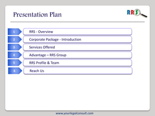 Presentation Plan

1    RRS - Overview
2    Corporate Package - Introduction
3    Services Offered
4    Advantage – RRS Group
5    RRS Profile & Team

6    Reach Us




                        www.yourlegalconsult.com
 