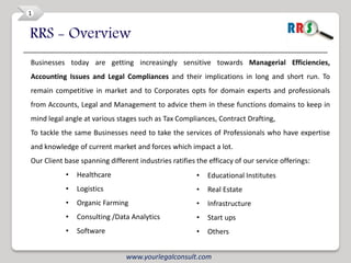 1


RRS - Overview
Businesses today are getting increasingly sensitive towards Managerial Efficiencies,
Accounting Issues and Legal Compliances and their implications in long and short run. To
remain competitive in market and to Corporates opts for domain experts and professionals
from Accounts, Legal and Management to advice them in these functions domains to keep in
mind legal angle at various stages such as Tax Compliances, Contract Drafting,
To tackle the same Businesses need to take the services of Professionals who have expertise
and knowledge of current market and forces which impact a lot.
Our Client base spanning different industries ratifies the efficacy of our service offerings:
           •   Healthcare                              •   Educational Institutes
           •   Logistics                               •   Real Estate
           •   Organic Farming                         •   Infrastructure
           •   Consulting /Data Analytics              •   Start ups
           •   Software                                •   Others


                               www.yourlegalconsult.com
 