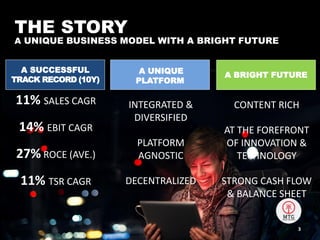 A UNIQUE PLATFORM 
A SUCCESSFUL TRACK RECORD (10Y) 
A BRIGHT FUTURE 
THE STORY A UNIQUE BUSINESS MODEL WITH A BRIGHT FUTURE 
11% SALES CAGR 14% EBIT CAGR 27% ROCE (AVE.) 11% TSR CAGR 
INTEGRATED & DIVERSIFIED PLATFORM AGNOSTIC DECENTRALIZED 
CONTENT RICH AT THE FOREFRONT OF INNOVATION & TECHNOLOGY STRONG CASH FLOW & BALANCE SHEET 
3  