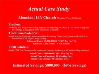Actual Case Study
          Abundant Life Church Mountain View, California
Problem:
70,000 sq ft existing wood ceiling required an upgrading to ASTM E119, 1 hour rating due
    to a change in occupancy from warehouse to church.
Traditional Solution:
Install structural upgrades to accommodate for adding 2 layers of gypsum wallboard to be
    installed on a 24’ high existing ceiling.
                      Estimated Costs: $1,300,000.00 ($18.57 Per Sq. Ft.)
                             Estimated Time Frame: 4 to 5 months
FF88 Solution:
Apply FF88 Fire Coating at the engineered required thickness to all wood ceiling members.
                      Actual Costs: $500,000.00 ($7.15 Per Sq. Ft.)
                       Actual Time to Complete: 28 Working Days
                       Actual Time Savings: 92 Calendar Days


    Estimated Savings: $800,000 (60% Savings)
 