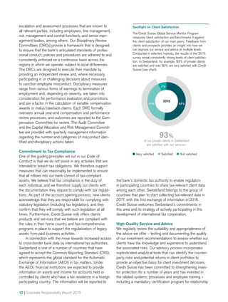 12 | Corporate Responsibility Report 2015
escalation and assessment processes that are known to
all relevant parties, including employees, line management,
risk management and control functions, and senior man-
agement bodies, among others. Our Disciplinary Review
Committees (DRCs) provide a framework that is designed
to ensure that the bank’s articulated standards of profes-
sional conduct, policies and procedures are adhered to and
consistently enforced on a continuous basis across the
regions in which we operate, subject to local differences.
The DRCs are designed to execute their mandate by
providing an independent review and, where necessary,
participating in or challenging decisions about measures
to sanction employee misconduct. Disciplinary measures
range from various forms of warnings to termination of
employment and, depending on severity, are taken into
consideration for performance evaluation and promotions
and are a factor in the calculation of variable compensation
awards or malus/clawback claims. Each DRC formally
oversees annual year-end compensation and performance
review processes, and outcomes are reported to the Com-
pensation Committee for review. The Audit Committee
and the Capital Allocation and Risk Management Commit-
tee are provided with quarterly management information
re­­garding the number and categories of misconduct iden­
tified and disciplinary actions taken.
Commitment to Tax Compliance
One of the guiding principles set out in our Code of
Conduct is that we do not assist in any activities that are
intended to breach tax obligations. We therefore support
measures that can reasonably be implemented to ensure
that all inflows into our bank consist of tax-compliant
assets. We believe that tax compliance is the duty of
each individual, and we therefore supply our clients with
the documentation they require to comply with tax regula-
tions. As part of the account opening process, new clients
acknowledge that they are responsible for complying with
statutory legislation (including tax legislation), and they
confirm that they will comply with such legislation at all
times. Furthermore, Credit Suisse only offers clients
products and services that we believe are compliant with
the rules in their home country and has comprehensive
programs in place to support the regularization of legacy
assets from past business activities.
In connection with the move towards increased access
to cross-border bank data by international tax authorities,
Switzerland is one of a number of countries that have
agreed to accept the Common Reporting Standard (CRS),
which represents the global standard for the Automatic
Exchange of Information (AEOI) in tax matters. Under
the AEOI, financial institutions are expected to provide
information on assets and income for accounts held or
controlled by clients who have a tax residence in a foreign
participating country. The information will be reported to
the bank’s domestic tax authority to enable regulators
in participating countries to share tax-relevant client data
among each other. Switzerland belongs to the group of
countries that plan to start collecting tax-relevant data in
2017, with the first exchange of information in 2018.
Credit Suisse welcomes Switzerland’s commitments in
this area and its strategy of actively participating in this
development of international tax cooperation.
High-Quality Service and Advice
We regularly review the suitability and appropriateness of
the advice we offer – testing and documenting the quality
of our investment recommendations to assess whether our
clients have the knowledge and experience to understand
the associated risks. Our advisory process incorporates
sophisticated analytical tools that can identify the counter-
party risks and potential returns in client portfolios to
provide an objective basis for client investment decisions.
Credit Suisse has been committed to strengthening inves-
tor protection for a number of years and has invested in
the related systems, processes and employee training –
including a mandatory certification program for relationship
Spotlight on Client Satisfaction
The Credit Suisse Global Service Monitor Program
measures client satisfaction and benchmarks it against
the client satisfaction of our main peers. Feedback from
clients and prospects provides an insight into how we
can improve our service and advice at multiple levels.
Conducted in selected markets, the results of the 2015
survey reveal consistently strong levels of client satisfac-
tion. In Switzerland, for example, 93% of private clients
are satisfied and over 50% are very satisfied with Credit
Suisse (see chart).
Very satisfied Satisfied Not satisfied
93%
of our private clients in Switzerland
are satisfied with our services.
52%41%
7%
2015
 