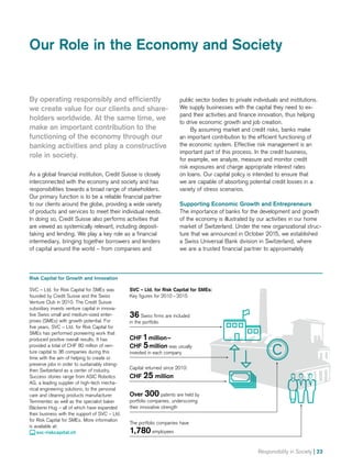 Responsibility in Society | 23
public sector bodies to private individuals and institutions.
We supply businesses with the capital they need to ex-
pand their activities and finance innovation, thus helping
to drive economic growth and job creation.
By assuming market and credit risks, banks make
an important contribution to the efficient functioning of
the economic system. Effective risk management is an
important part of this process. In the credit business,
for example, we analyze, measure and monitor credit
risk exposures and charge appropriate interest rates
on loans. Our capital policy is intended to ensure that
we are capable of absorbing potential credit losses in a
variety of stress scenarios.
Supporting Economic Growth and Entrepreneurs
The importance of banks for the development and growth
of the economy is illustrated by our activities in our home
market of Switzerland. Under the new organizational struc-
ture that we announced in October 2015, we established
a Swiss Universal Bank division in Switzerland, where
we are a trusted financial partner to approximately
By operating responsibly and efficiently
we create value for our clients and share-
holders worldwide. At the same time, we
make an important contribution to the
functioning of the economy through our
banking activities and play a constructive
role in society.
As a global financial institution, Credit Suisse is closely
interconnected with the economy and society and has
responsibilities towards a broad range of stakeholders.
Our primary function is to be a reliable financial partner
to our clients around the globe, providing a wide variety
of products and services to meet their individual needs.
In doing so, Credit Suisse also performs activities that
are viewed as systemically relevant, including deposit-
taking and lending. We play a key role as a financial
intermediary, bringing together borrowers and lenders
of capital around the world – from companies and
Our Role in the Economy and Society
SVC – Ltd. for Risk Capital for SMEs was
founded by Credit Suisse and the Swiss
Venture Club in 2010. The Credit Suisse
subsidiary invests venture capital in innova-
tive Swiss small and medium-sized enter-
prises (SMEs) with growth potential. For
five years, SVC – Ltd. for Risk Capital for
SMEs has performed pioneering work that
produced positive overall results. It has
provided a total of CHF 80 million of ven-
ture capital to 36 companies during this
time with the aim of helping to create or
preserve jobs in order to sustainably streng-
then Switzerland as a center of industry.
Success stories range from ASIC Robotics
AG, a leading supplier of high-tech mecha-
nical engineering solutions, to the personal
care and cleaning products manufacturer
Temmentec as well as the specialist baker
Bäckerei Hug – all of which have expanded
their business with the support of SVC – Ltd.
for Risk Capital for SMEs. More information
is available at:
 svc-riskcapital.ch
Risk Capital for Growth and Innovation
Capital returned since 2010:
CHF 25 million
CHF 1 million –
CHF 5 million was usually
invested in each company
The portfolio companies have
1,780 employees
Over 300 patents are held by
portfolio companies, underscoring
their innovative strength
SVC – Ltd. for Risk Capital for SMEs:
Key figures for 2010 – 2015
36 Swiss firms are included
in the portfolio
 