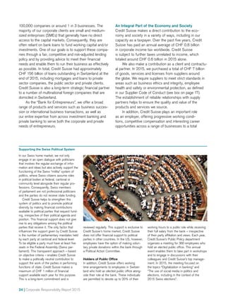 24 | Corporate Responsibility Report 2015
100,000 companies or around 1 in 3 businesses. The
majority of our corporate clients are small and medium-­
sized enterprises (SMEs) that generally have no direct
access to the capital markets. Consequently, they are
often reliant on bank loans to fund working capital and/or
investments. One of our goals is to support these compa-
nies through a fair, competitive and risk-adjusted lending
policy and by providing advice to meet their financial
needs and enable them to run their business as effectively
as possible. In total, Credit Suisse had approximately
CHF 156 billion of loans outstanding in Switzerland at the
end of 2015, including mortgages and loans to private
sector companies, the public sector and private clients.
Credit Suisse is also a long-term strategic financial partner
to a number of multinational foreign companies that are
domiciled in Switzerland.
As the “Bank for Entrepreneurs”, we offer a broad
range of products and services such as business succes-
sion or international business transactions, as well as
our entire expertise from across investment banking and
private banking to serve both the corporate and private
needs of entrepreneurs.
Supporting the Swiss Political System
In our Swiss home market, we not only
engage in an open dialogue with politicians
that involves the regular exchange of infor-
mation and ideas but also actively support the
functioning of the Swiss “militia” system of
politics, where Swiss citizens assume roles
in political bodies at federal, cantonal or
community level alongside their regular pro-
fessions. Consequently, Swiss members
of parliament are not professional politicians
and the parties do not receive state funding.
	 Credit Suisse helps to strengthen this
system of politics and to promote political
diversity by making financial contributions
available to political parties that request fund-
ing, irrespective of their political agenda and
position. This financial support does not give
rise to any obligations among the political
parties that receive it. The only factor that
influences the support given by Credit Suisse
is the number of parliamentary mandates held
by each party at cantonal and federal level:
To be eligible a party must have at least five
seats in the Federal Assembly (Swiss par-
liament). This transparent approach – based
on objective criteria – enables Credit Suisse
to make a politically neutral contribution to
support the work of the parties in performing
functions of state. Credit Suisse makes a
maximum of CHF 1 million of financial
support available each year for this purpose.
This is a long-term commitment and is
reviewed regularly. This support is exclusive to
Credit Suisse’s home market; Credit Suisse
does not offer financial support to political
parties in other countries. In the US, however,
employees have the option of making volun-
tary private donations within the bank through
a Political Action Committee.
Holders of Public Office
In addition, Credit Suisse offers working
time arrangements to employees in Switzer-
land who hold an elected public office along-
side their role at the bank. These individuals
are permitted to devote up to 20% of their
working hours to a public role while receiving
their full salary from the bank – irrespective
of their party affiliation and views. Each year,
Credit Suisse’s Public Policy department
organizes a meeting for 360 employees who
hold an elected public office. This annual
event enables them to take part in workshops
and to engage in discussions with their
colleagues and Credit Suisse’s top manage-
ment. In 2015, the meeting focused on
the topics “Digitalization in banking” and
“The use of social media in politics and
elections, including in the context of the
2015 Swiss elections”.
An Integral Part of the Economy and Society
Credit Suisse makes a direct contribution to the eco-
nomy and society in a variety of ways, including in our
capacity as a taxpayer. Over the past five years, Credit
Suisse has paid an annual average of CHF 0.8 billion
in corporate income tax worldwide. Credit Suisse
is subject to further taxes unrelated to income, which
totaled around CHF 0.6 billion in 2015 alone.
We also make a contribution as a client and contractu-
al partner. In 2015, we purchased a total of CHF 7 billion
of goods, services and licenses from suppliers around
the globe. We require suppliers to meet strict standards in
areas such as business ethics and integrity, employee
health and safety or environmental protection, as defined
in our Supplier Code of Conduct (see box on page 17).
The establishment of reliable relationships with supply
partners helps to ensure the quality and value of the
products and services we source.
In addition, Credit Suisse plays an important role
as an employer, offering progressive working condi-
tions, competitive compensation and interesting career
opportunities across a range of businesses to a total
 