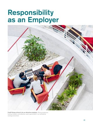 31
Responsibility
as an Employer
Credit Suisse strives to be an attractive employer, offering progressive
working conditions and attractive career opportunities in an international
working environment.
 