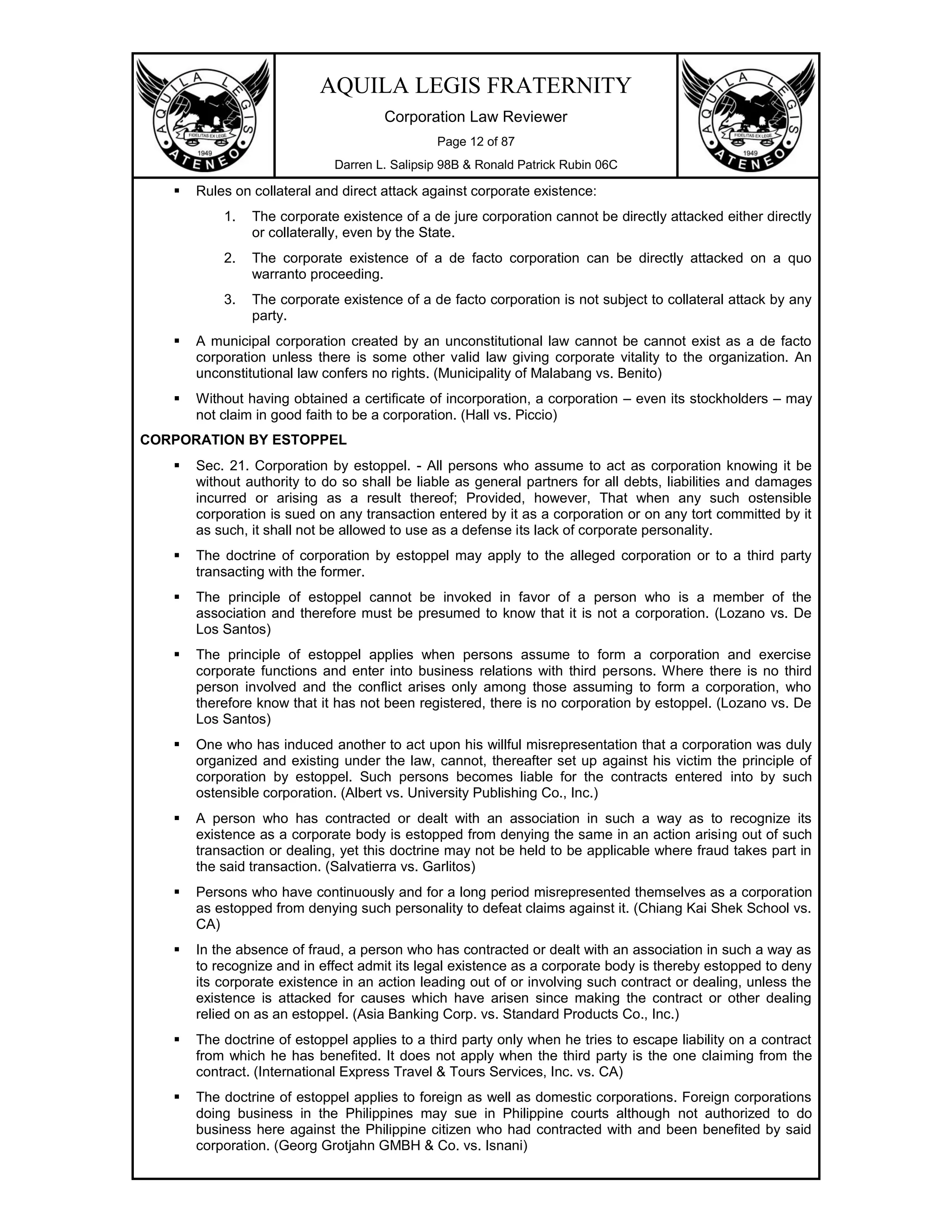 Corporations Code of the Philippines Ateneo Reviewer | PDF