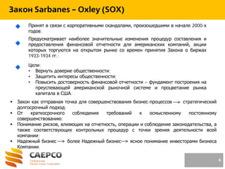 6
Закон Sarbanes - Oxley (SOX)
Принят в связи с корпоративными скандалами, произошедшими в начале 2000-х
годов;
Предусматривает наиболее значительные изменения процедур составления и
предоставления финансовой отчетности для американских компаний, акции
которых торгуются на открытом рынке со времен принятия Закона о биржах
1933-1934 гг.;
Цели:
• Вернуть доверие общественности;
• Защитить интересы общественности;
• Повысить достоверность финансовой отчетности – фундамент построения на
преуспевающей американской рыночной системе и процветание рынка
капитала в США.
 Закон как отправная точка для совершенствования бизнес-процессов стратегический
долгосрочный подход;
 От краткосрочного соблюдения требований к осмысленному постоянному
совершенствованию;
 Понимание рисков, влияющих на отчетность, операции и соблюдение законодательства, а
также соответствующих контрольных процедур с точки зрения деятельности всей
компании;
 Надежный бизнес более Надежный бизнес ясное понимание инвесторами бизнеса
Компании.
 