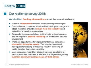 13 Building resilient organisations © Control Risks Group Limited
Our resilience survey 2015:
We identified five key observations about the state of resilience.
 There is a disconnect between risk monitoring and analysis
 Companies are concerned about ability to anticipate change and
adapt, resilience should be driven from the executive and
embedded across the organisation
 Respondents concerned about political risks to their business
and the impact of political instability on the broader security
environment
 There are opportunities for improvement in how companies
respond to disruptive events. This may be because of
inadequate forecasting or may be a result of focussing on
incidents rather than crisis capability
 Most companies regard key disruptive events as relating to
service providers, but there is a lack of due diligence regarding
business continuity arrangements of third parties
 