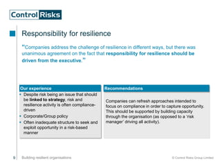 9 Building resilient organisations © Control Risks Group Limited
“Companies address the challenge of resilience in different ways, but there was
unanimous agreement on the fact that responsibility for resilience should be
driven from the executive.”
Our experience
 Despite risk being an issue that should
be linked to strategy, risk and
resilience activity is often compliance-
driven
 Corporate/Group policy
 Often inadequate structure to seek and
exploit opportunity in a risk-based
manner
Companies can refresh approaches intended to
focus on compliance in order to capture opportunity.
This should be supported by building capacity
through the organisation (as opposed to a ‘risk
manager’ driving all activity).
Responsibility for resilience
Recommendations
 