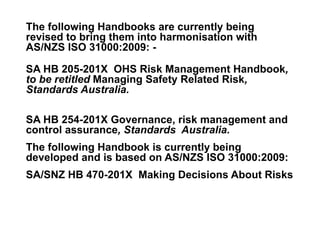 The following Handbooks are currently being
revised to bring them into harmonisation with
AS/NZS ISO 31000:2009: -
SA HB 205-201X OHS Risk Management Handbook,
to be retitled Managing Safety Related Risk,
Standards Australia.
SA HB 254-201X Governance, risk management and
control assurance, Standards Australia.
The following Handbook is currently being
developed and is based on AS/NZS ISO 31000:2009:
SA/SNZ HB 470-201X Making Decisions About Risks
 