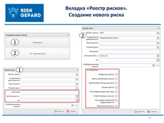 13
Вкладка «Реестр рисков».
Создание нового риска
1
2
2
1
 