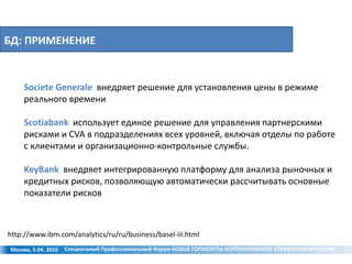 БД: ПРИМЕНЕНИЕ
Москва, 5.04. 2016
Societe Generale внедряет решение для установления цены в режиме
реального времени
Scotiabank использует единое решение для управления партнерскими
рисками и CVA в подразделениях всех уровней, включая отделы по работе
с клиентами и организационно-контрольные службы.
KeyBank внедряет интегрированную платформу для анализа рыночных и
кредитных рисков, позволяющую автоматически рассчитывать основные
показатели рисков
http://www.ibm.com/analytics/ru/ru/business/basel-iii.html
Специальный Профессиональный Форум НОВЫЕ ГОРИЗОНТЫ КОРПОРАТИВНОГО УПРАВЛЕНИЯ РИСКАМИ
 