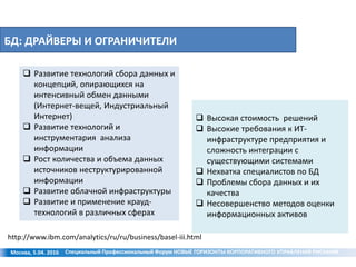 БД: ДРАЙВЕРЫ И ОГРАНИЧИТЕЛИ
Москва, 5.04. 2016
http://www.ibm.com/analytics/ru/ru/business/basel-iii.html
 Развитие технологий сбора данных и
концепций, опирающихся на
интенсивный обмен данными
(Интернет-вещей, Индустриальный
Интернет)
 Развитие технологий и
инструментария анализа
информации
 Рост количества и объема данных
источников неструктурированной
информации
 Развитие облачной инфраструктуры
 Развитие и применение крауд-
технологий в различных сферах
 Высокая стоимость решений
 Высокие требования к ИТ-
инфраструктуре предприятия и
сложность интеграции с
существующими системами
 Нехватка специалистов по БД
 Проблемы сбора данных и их
качества
 Несовершенство методов оценки
информационных активов
Специальный Профессиональный Форум НОВЫЕ ГОРИЗОНТЫ КОРПОРАТИВНОГО УПРАВЛЕНИЯ РИСКАМИ
 