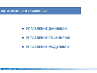 БД: ИЗМЕНЕНИЯ В УПРАВЛЕНИИ
Москва, 5.04. 2016
УПРАВЛЕНИЕ ДАННЫМИ
УПРАВЛЕНИЕ РЕШЕНИЯМИ
УПРАВЛЕНИЕ МОДЕЛЯМИ
Специальный Профессиональный Форум НОВЫЕ ГОРИЗОНТЫ КОРПОРАТИВНОГО УПРАВЛЕНИЯ РИСКАМИ
 