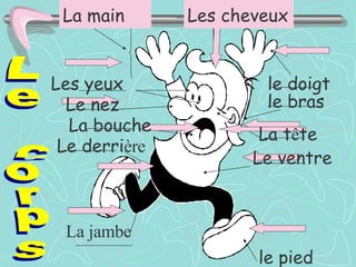 Le corps Les yeux La jambe Le ventre Le nez La main le doigt La bouche le bras Les cheveux le pied La t ê te Le derri ère 