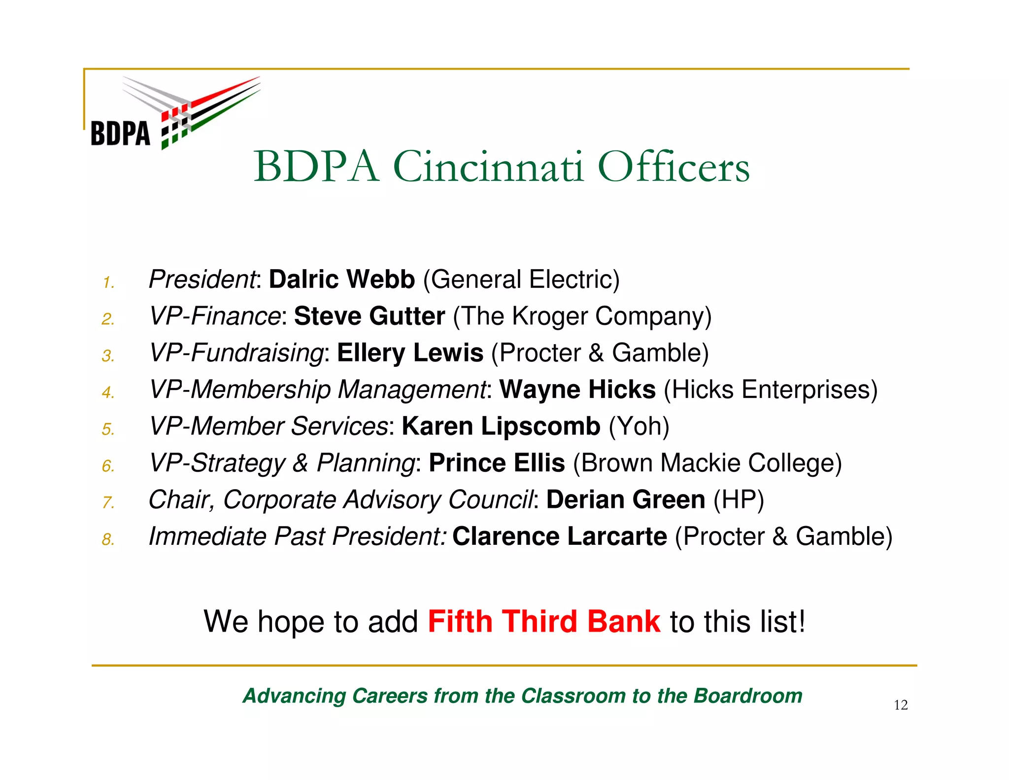 BDPA Cincinnati Officers
1.
2.
3.
4.
5.
6.
7.
8.

President: Dalric Webb (General Electric)
VP-Finance: Steve Gutter (The Kroger Company)
VP-Fundraising: Ellery Lewis (Procter & Gamble)
VP-Membership Management: Wayne Hicks (Hicks Enterprises)
VP-Member Services: Karen Lipscomb (Yoh)
VP-Strategy & Planning: Prince Ellis (Brown Mackie College)
Chair, Corporate Advisory Council: Derian Green (HP)
Immediate Past President: Clarence Larcarte (Procter & Gamble)

We hope to add Fifth Third Bank to this list!
Advancing Careers from the Classroom to the Boardroom

12

 