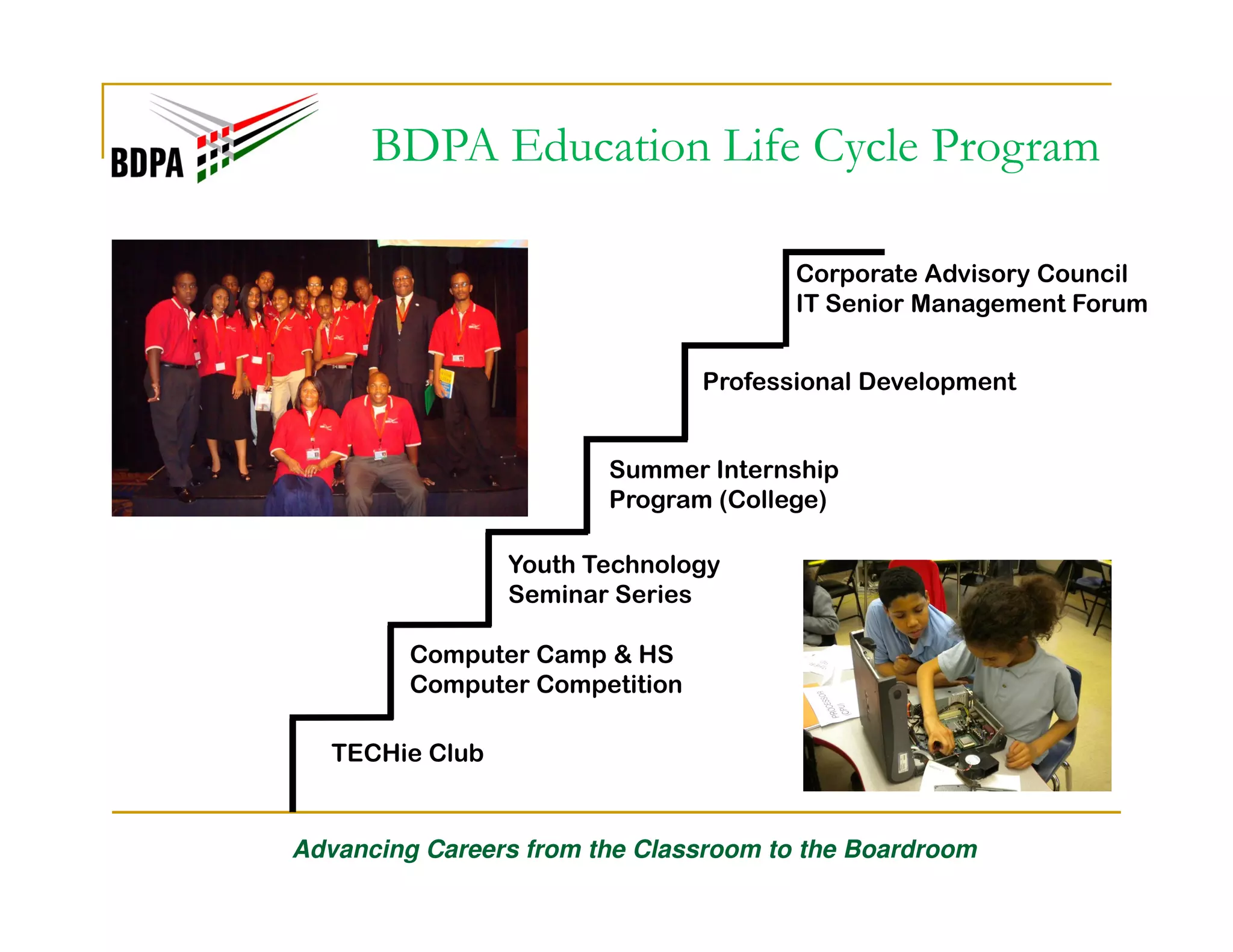 BDPA Education Life Cycle Program
Corporate Advisory Council
IT Senior Management Forum
Professional Development

Summer Internship
Program (College)
Youth Technology
Seminar Series
Computer Camp & HS
Computer Competition
TECHie Club

Advancing Careers from the Classroom to the Boardroom

 