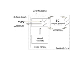 Neural
Plasticity
BCI
Consciously Modification of
Neural Dynamic
Neurofeedback
Outside (World)
Inside-Outside
Inside (Brain)
TMS
Adaptative, and
Multisite Stimulation
Outside-Inside
 