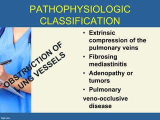 PATHOPHYSIOLOGIC
  CLASSIFICATION
        • Extrinsic
          compression of the
          pulmonary veins
        • Fibrosing
          mediastinitis
        • Adenopathy or
          tumors
        • Pulmonary
        veno-occlusive
          disease
 