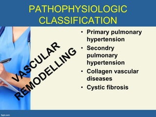 PATHOPHYSIOLOGIC
  CLASSIFICATION
        • Primary pulmonary
          hypertension
        • Secondry
          pulmonary
          hypertension
        • Collagen vascular
          diseases
        • Cystic fibrosis
 