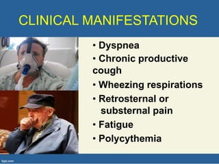 CLINICAL MANIFESTATIONS
• Dyspnea
• Chronic productive
cough
• Wheezing respirations
• Retrosternal or
substernal pain
• Fatigue
• Polycythemia
 