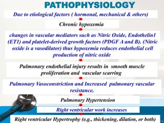 Due to etiological factors ( hormonal, mechanical & others)
Right ventricular work increases
PATHOPHYSIOLOGY
Pulmonary endothelial injury results in smooth muscle
proliferation and vascular scarring
Pulmonary Hypertension
Right ventricular Hypertrophy (e.g., thickening, dilation, or both)
Chronic hypoxemia
changes in vascular mediators such as Nitric Oxide, Endothelin1
(ET1) and platelet-derived growth factors (PDGF A and B). (Nitric
oxide is a vasodilator) thus hypoxemia reduces endothelial cell
production of nitric oxide
Pulmonary Vasoconstriction and Increased pulmonary vascular
resistance.
 