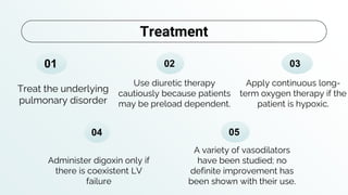 Apply continuous long-
term oxygen therapy if the
patient is hypoxic.
Treat the underlying
pulmonary disorder
Use diuretic therapy
cautiously because patients
may be preload dependent.
Administer digoxin only if
there is coexistent LV
failure
01 02 03
04
Treatment
05
A variety of vasodilators
have been studied; no
definite improvement has
been shown with their use.
 