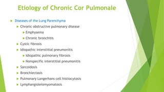 Etiology of Chronic Cor Pulmonale
 Diseases of the Lung Parenchyma
 Chronic obstructive pulmonary disease
 Emphysema
 Chronic bronchitis
 Cystic fibrosis
 Idiopathic interstitial pneumonitis
 Idiopathic pulmonary fibrosis
 Nonspecific interstitial pneumonitis
 Sarcoidosis
 Bronchiectasis
 Pulmonary Langerhans cell histiocytosis
 Lymphangioleiomyomatosis
 