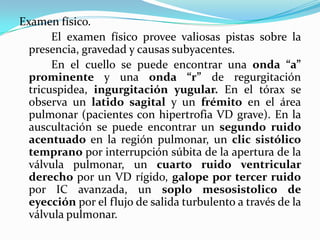 Examen físico.
       El examen físico provee valiosas pistas sobre la
  presencia, gravedad y causas subyacentes.
       En el cuello se puede encontrar una onda “a”
  prominente y una onda “r” de regurgitación
  tricuspidea, ingurgitación yugular. En el tórax se
  observa un latido sagital y un frémito en el área
  pulmonar (pacientes con hipertrofia VD grave). En la
  auscultación se puede encontrar un segundo ruido
  acentuado en la región pulmonar, un clic sistólico
  temprano por interrupción súbita de la apertura de la
  válvula pulmonar, un cuarto ruido ventricular
  derecho por un VD rígido, galope por tercer ruido
  por IC avanzada, un soplo mesosistolico de
  eyección por el flujo de salida turbulento a través de la
  válvula pulmonar.
 