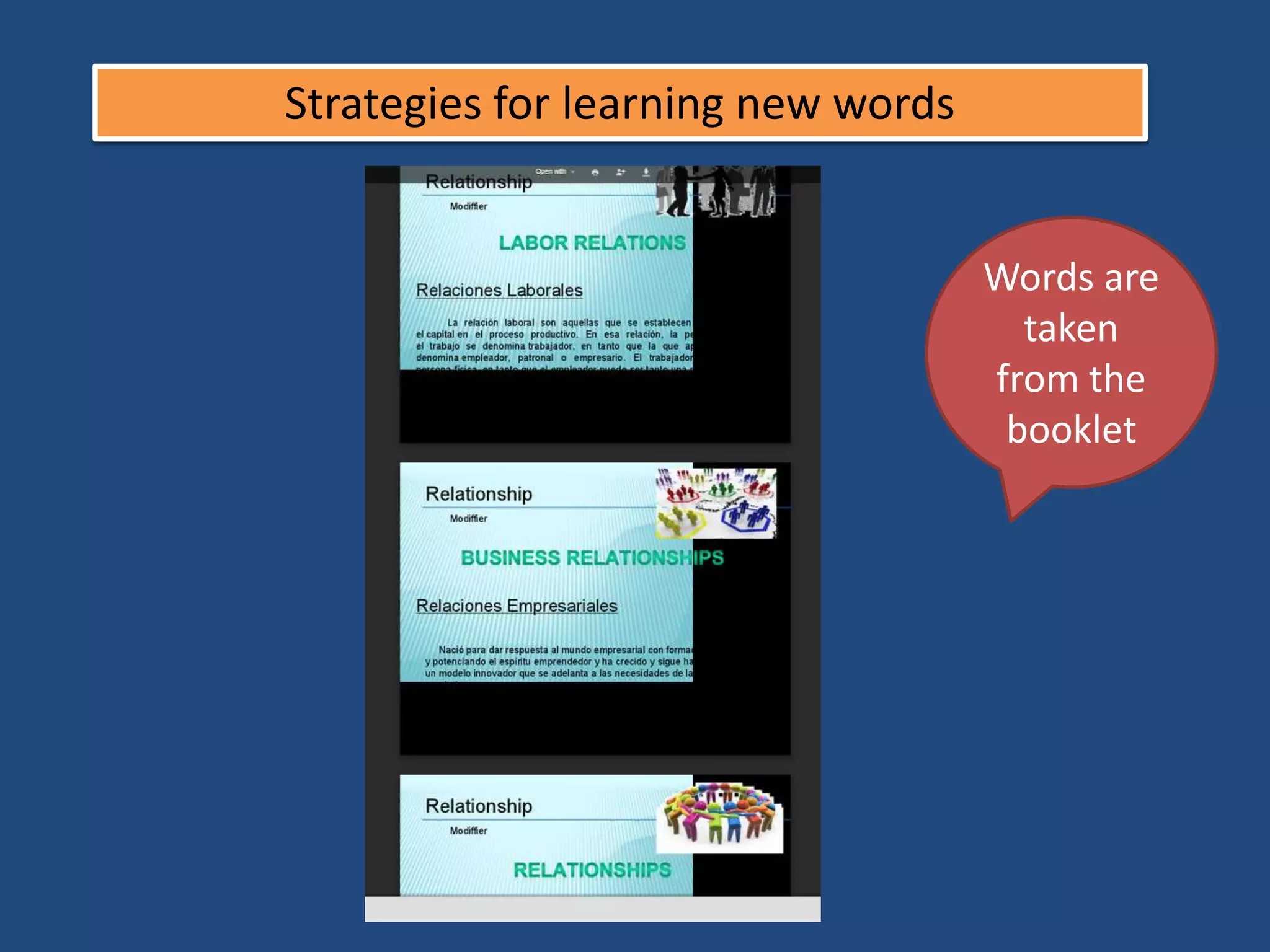 Strategies for learning new words
Words are
taken
from the
booklet
 