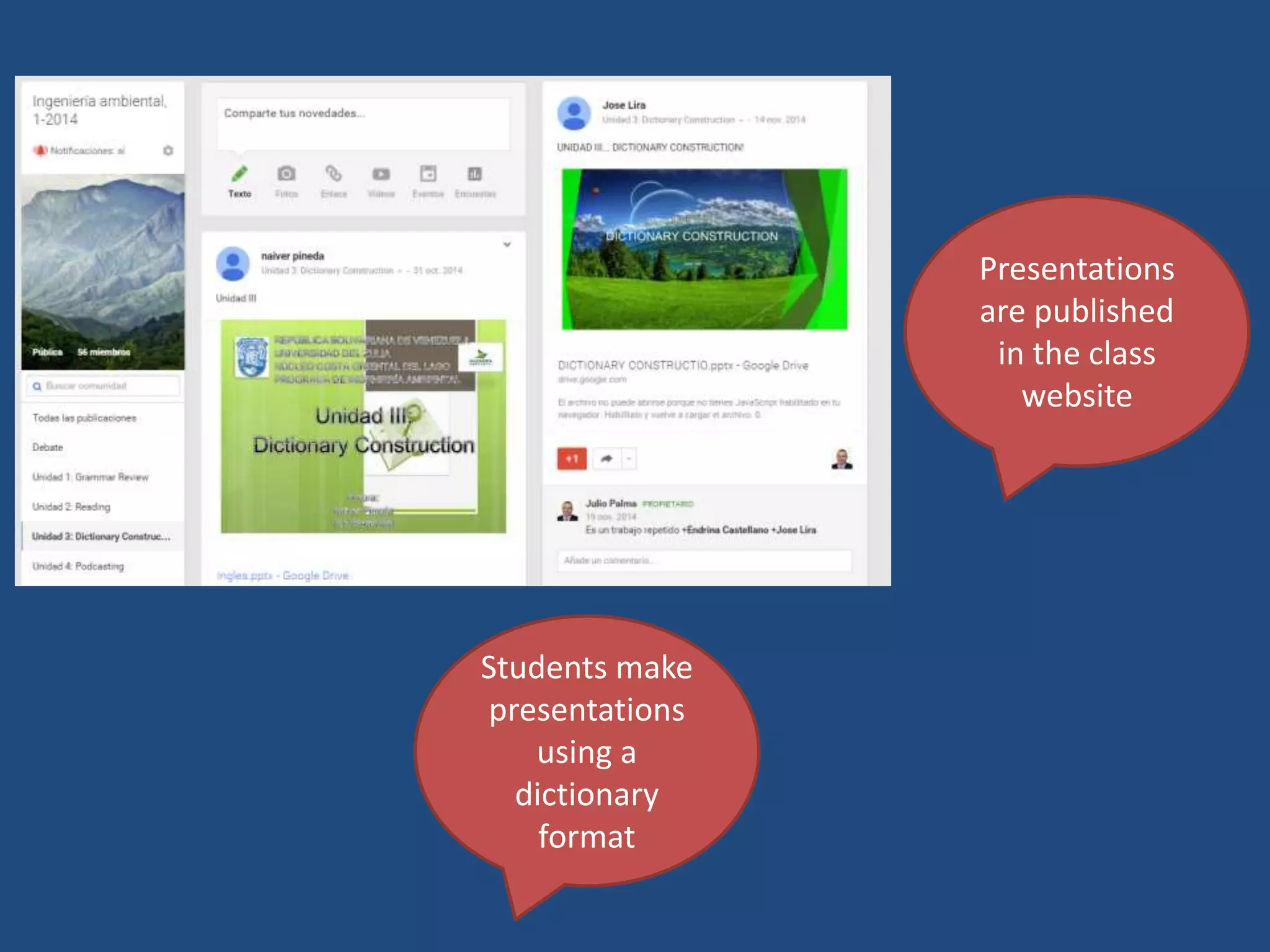 Students make
presentations
using a
dictionary
format
Presentations
are published
in the class
website
 