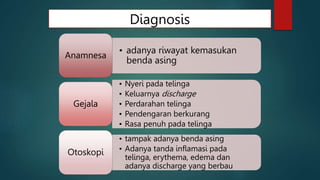 Diagnosis
• adanya riwayat kemasukan
benda asing
Anamnesa
• Nyeri pada telinga
• Keluarnya discharge
• Perdarahan telinga
• Pendengaran berkurang
• Rasa penuh pada telinga
Gejala
• tampak adanya benda asing
• Adanya tanda inflamasi pada
telinga, erythema, edema dan
adanya discharge yang berbau
Otoskopi
 