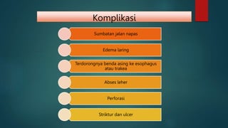 Komplikasi
Sumbatan jalan napas
Edema laring
Terdorongnya benda asing ke esophagus
atau trakea
Abses leher
Perforasi
Striktur dan ulcer
 