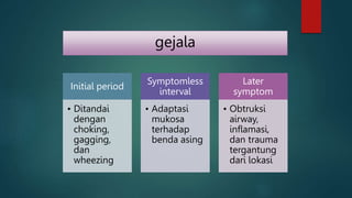 gejala
Initial period
• Ditandai
dengan
choking,
gagging,
dan
wheezing
Symptomless
interval
• Adaptasi
mukosa
terhadap
benda asing
Later
symptom
• Obtruksi
airway,
inflamasi,
dan trauma
tergantung
dari lokasi
 