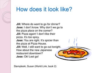 How does it look like?
Jill: Where do want to go for dinner?
Jose: I don’t know. Why don’t we go to
the pizza place on the corner?
Jill: Pizza again! I don’t like their
pizza. It’s too spicy.
Jose: You are right. It’s spicier than
the pizza at Pizza House.
Jill: Well, I still want to go out tonight.
How about the new Japanese
restaurant downtown?
Jose: Ok! Lest go!

Stempleski, Susan (World Link, book 2)

 