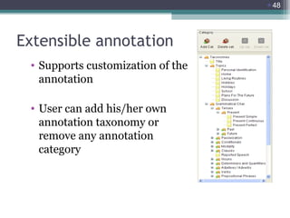 48

Extensible annotation
• Supports customization of the
annotation
• User can add his/her own
annotation taxonomy or
re...