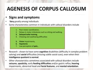 AGENESIS OF CORPUS CALLOSUM
• Signs and symptoms
• Vary greatly among individuals
• Some characteristics common in individuals with callosal disorders include
• Research : shown to have some cognitive disabilities (difficulty in complex problem
solving) and social difficulties (missing subtle social cues), even when their
intelligence quotient is normal.
• Other characteristics sometimes associated with callosal disorders include
seizures, spasticity, early feeding difficulties and/or gastric reflux, hearing
impairments, abnormal head and facial features, and mental retardation.
1. Poor motor coordination,
2. Delays in motor milestones such as sitting and walking,
3. Delayed toilet training,
4. Chewing and swallowing difficulties
5. Vision impairments,
6. Hypotonia
7. Low perception of pain, .
 
