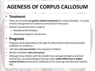 AGENESIS OF CORPUS CALLOSUM
• Treatment
• There are currently no specific medical treatments for callosal disorders, it usually
involves management of symptoms and seizures if they occur.
• Patients may benefit from a range of
– developmental therapies,
– educational support, and services.
• Prognosis
• Prognosis varies depending on the type of callosal abnormality and associated
conditions or syndromes.
• ACC does not cause death in the majority of children.
• Mental retardation does not worsen.
• Although many children with the disorder have average intelligence and lead
normal lives, neuropsychological testing reveals subtle differences in higher
cortical function compared to individuals of the same age and education without
ACC.
 